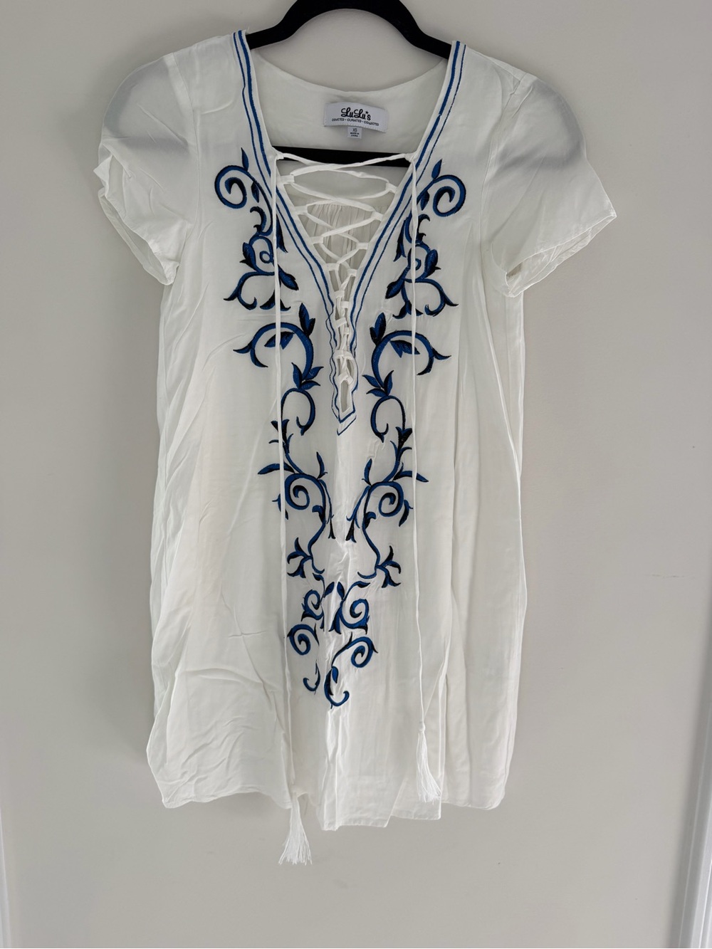Lulu's White Tunic Dress with Navy Blue Embroidery
